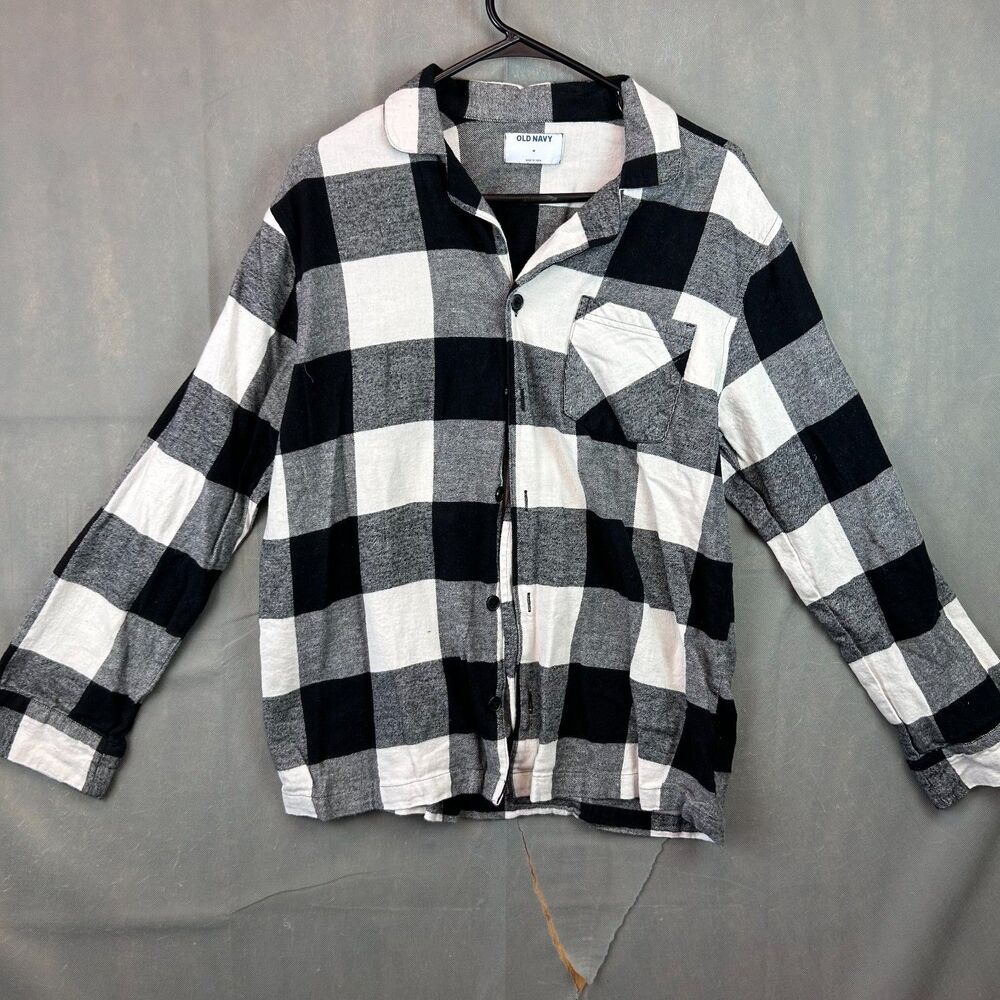 Old Navy Flannel Sleep Button Up Shirt Men's Medium White Black Long Sleeve